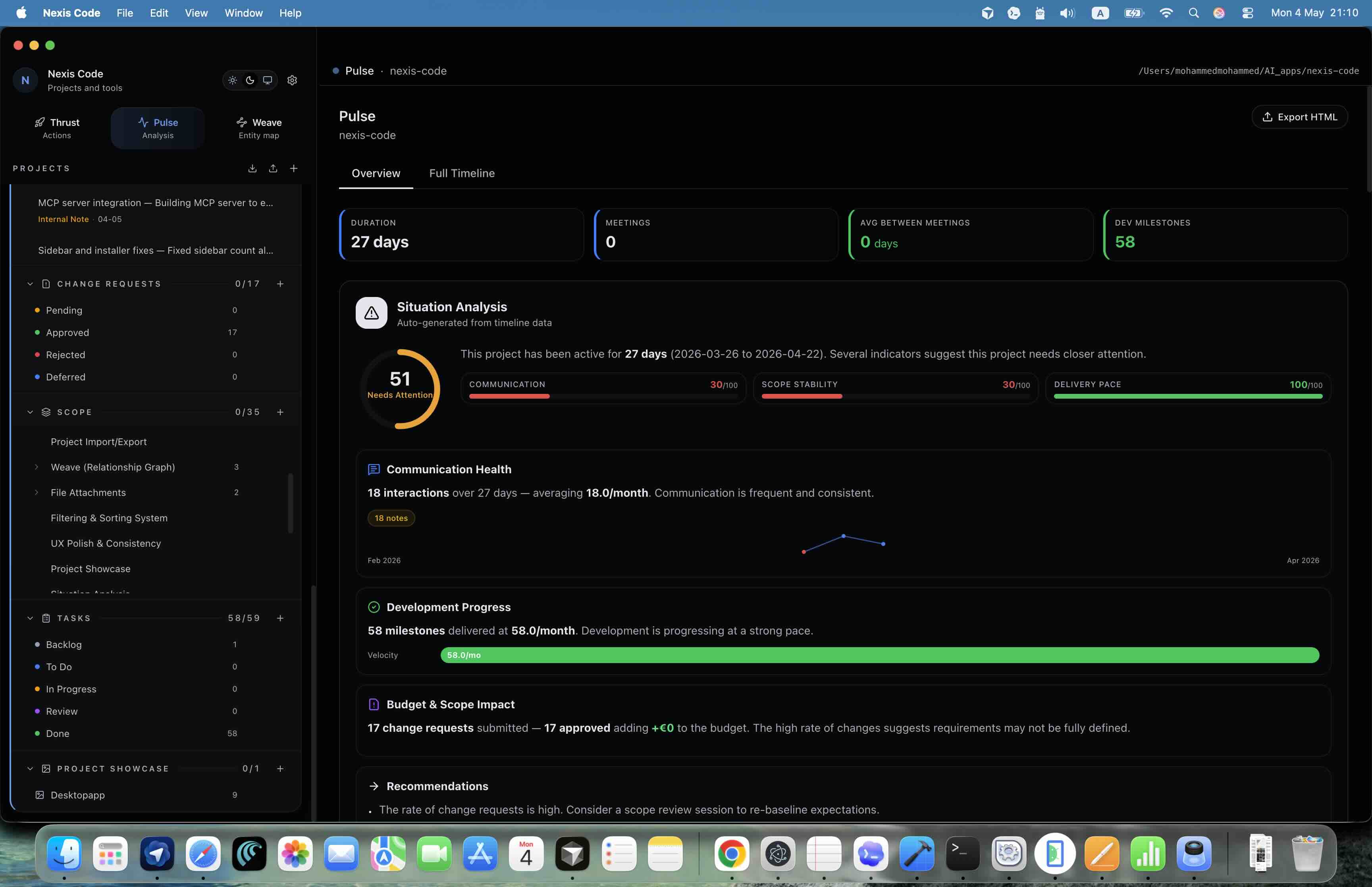 Nexis Code Pulse project analysis and timeline dashboard