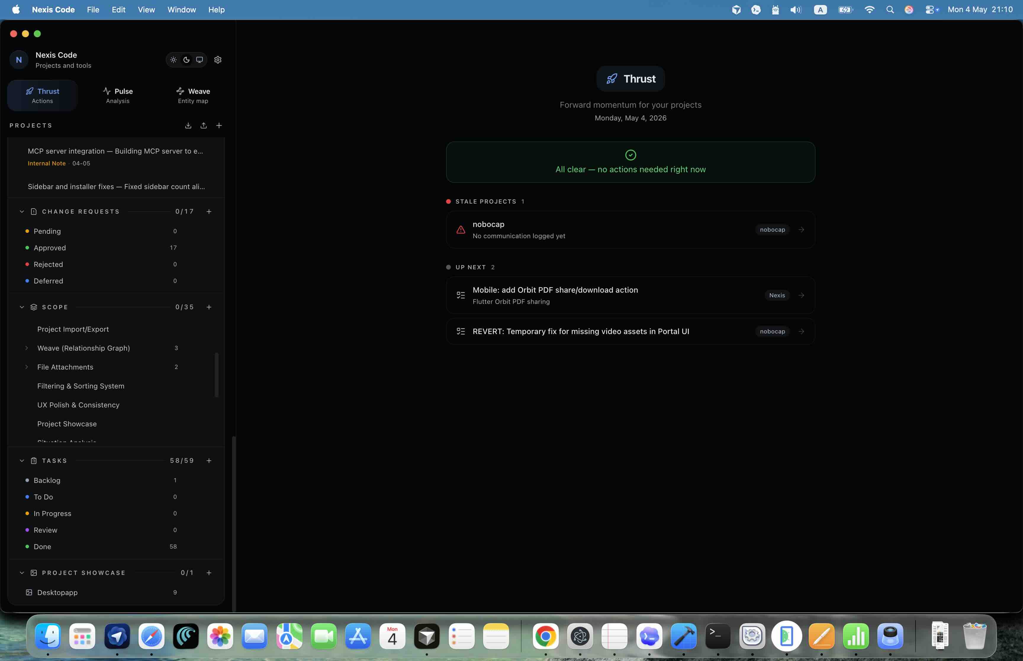 Nexis Code desktop app showing the Thrust action queue
