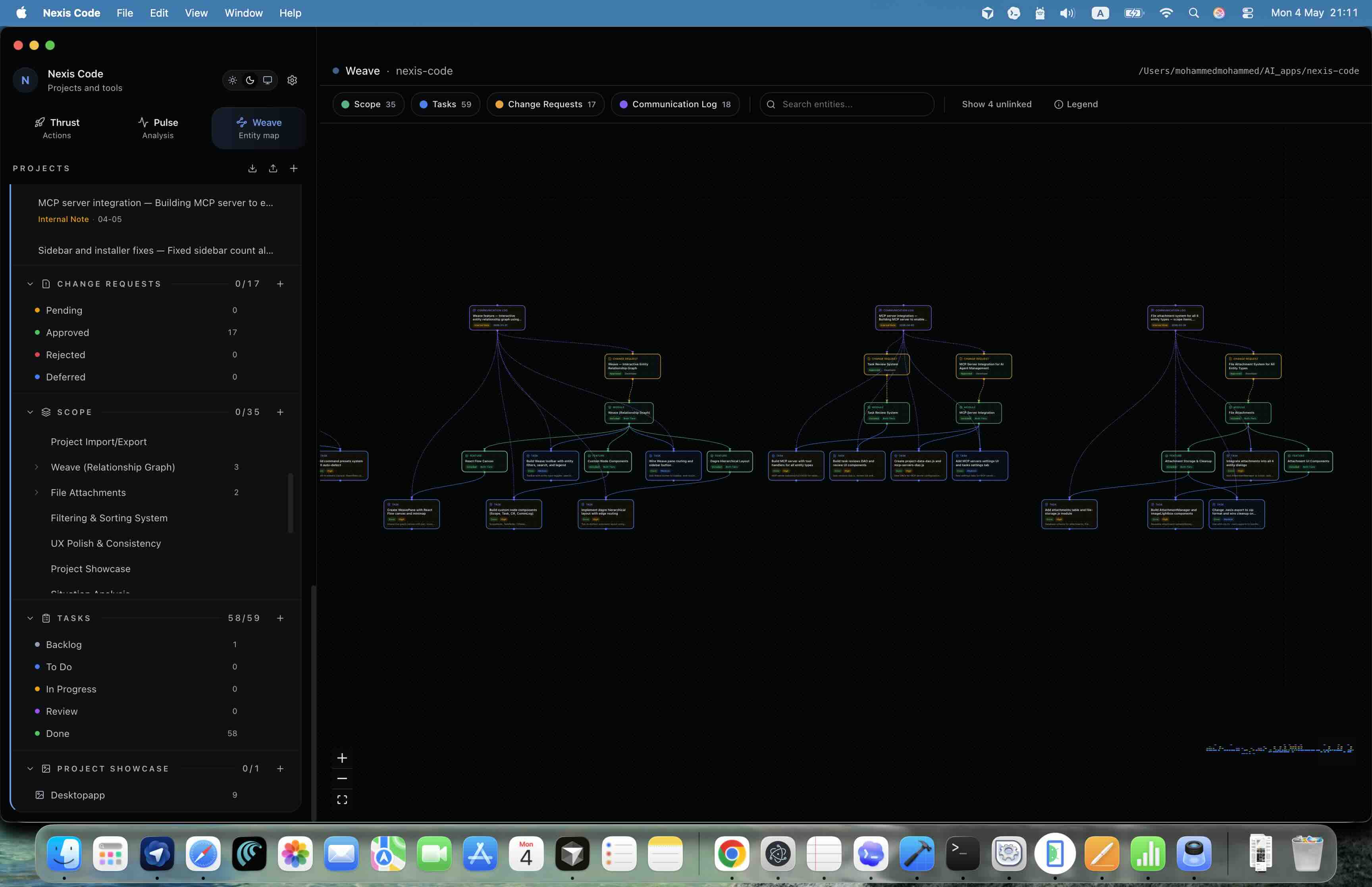 Nexis Code relationship graph showing linked project entities