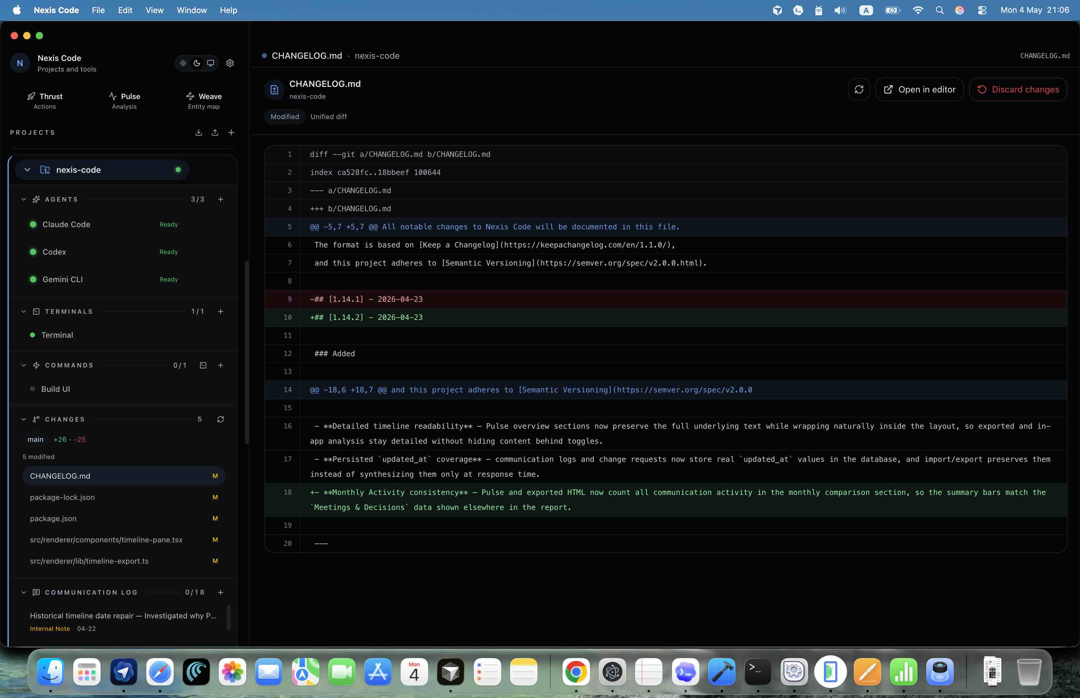 Nexis Code Git changes view