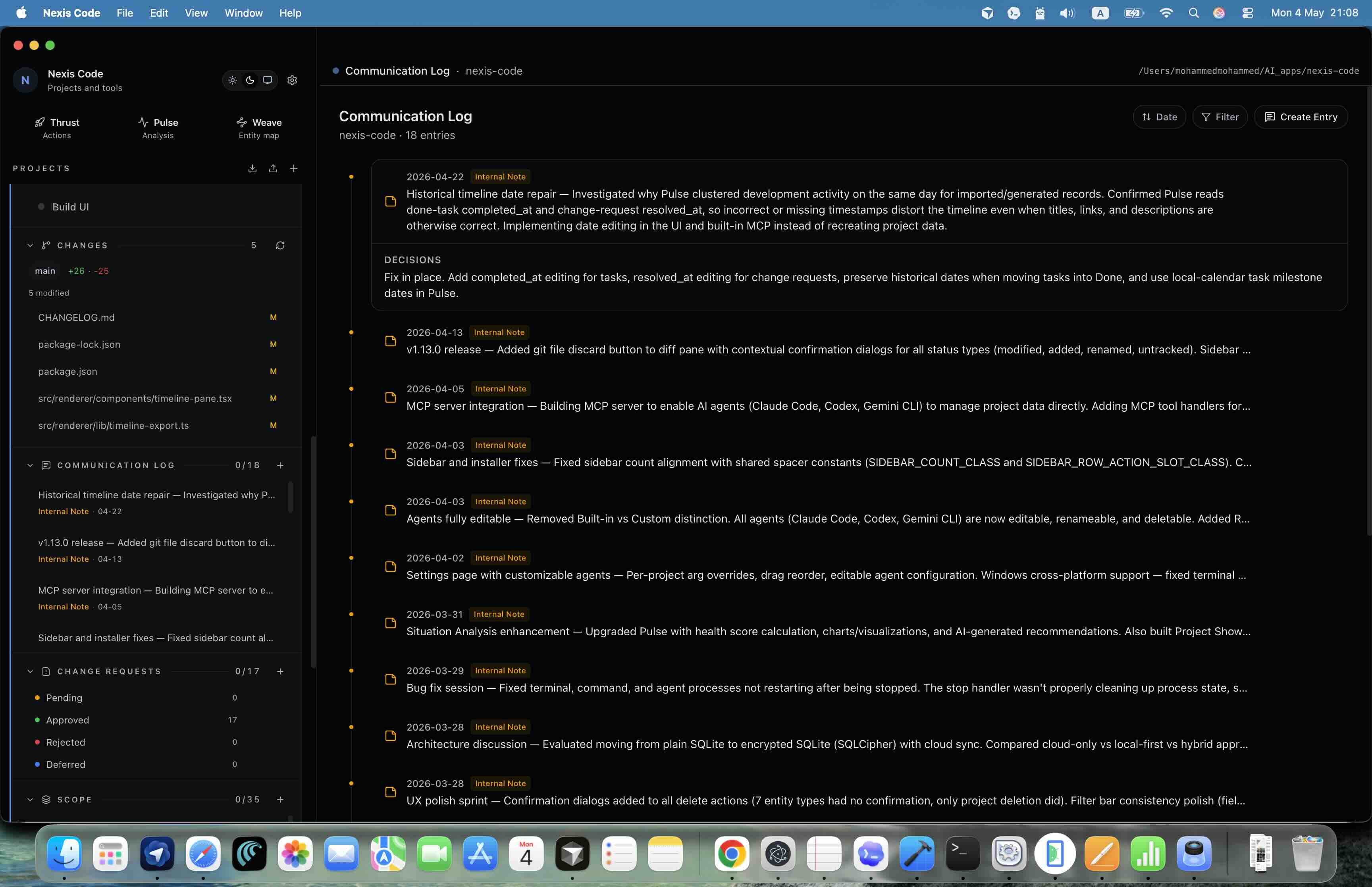 Nexis Code structured communication log with linked project context